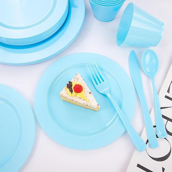 KIRE 150 Piece Blue Plastic Plates Disposable - Blue Dinnerware Set Includes 25 Dinner Plates, 25 Salad Plates, 25 Utensils Set 25 Clear Cups for Birthday/Picnic/Baby Shower/Easter/Spring