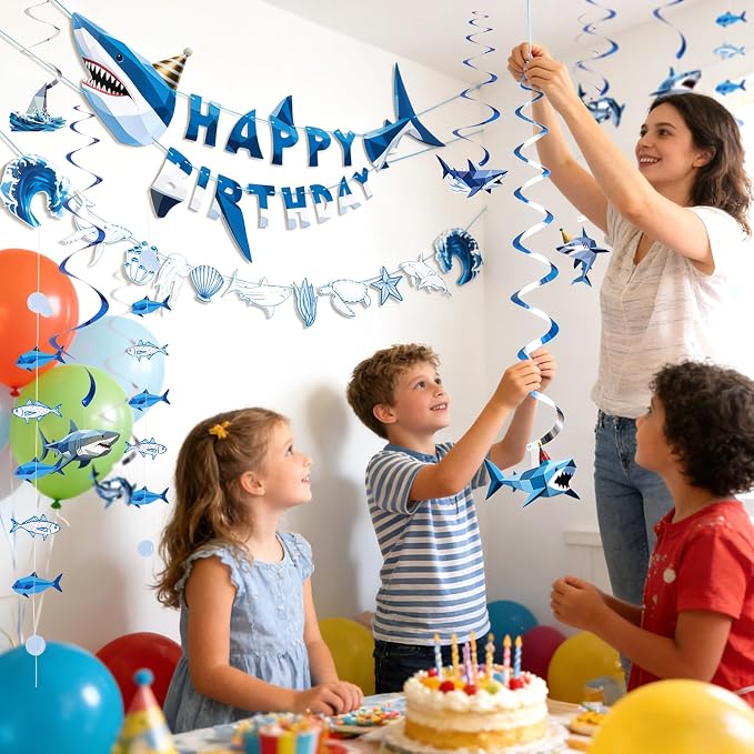 SUNBEAUTY Shark Birthday Party Decorations Shark Birthday Banner Ocean Theme Party Decoration Under The Sea Shark Garland Blue Ocean Swirls Hanging Wall Decor for Boys Baby Shower Beach Summer Party