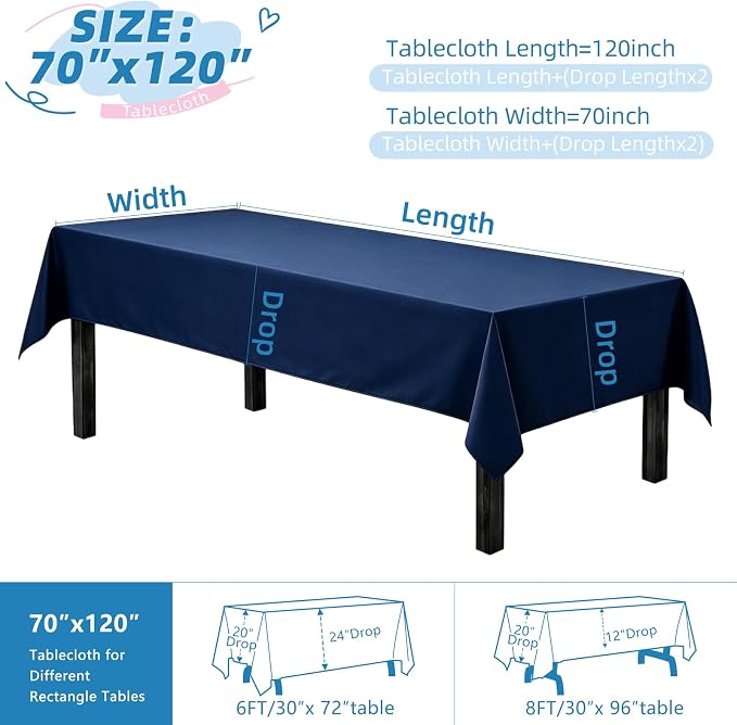 WIGENIUS 6 Pack Blue Table Cloth Rectangle Tablecloths 70X120 Inch,Polyester Table Cloth for 8 Foot Rectangle Tables,Wrinkle Resistant Washable Fabric Table Covers for Party,Wedding Banquet