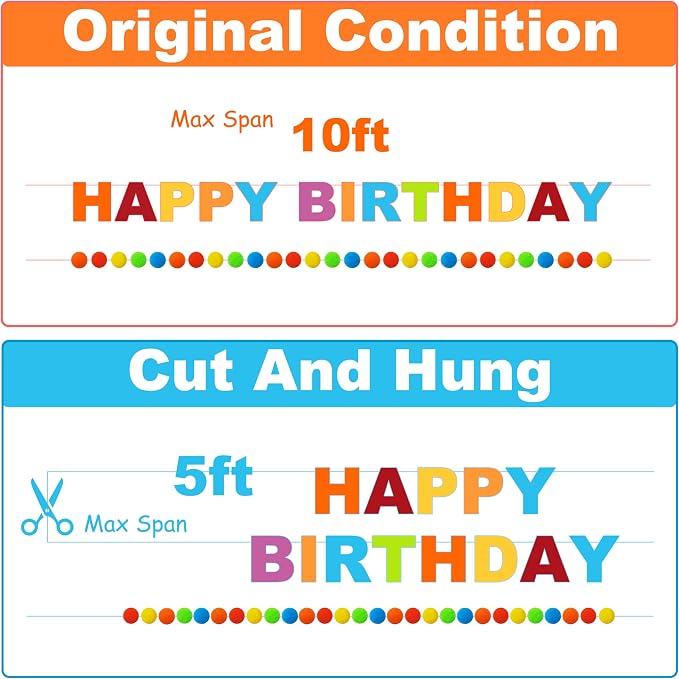 2 PCS Pre-Strung 3D Felt Happy Birthday Banner - Reusable Rainbow Happy Birthday Decorations Sign, Felt Ball Garland, Pom Pom Garland, Party Decor, Photo Prop（Retro Cartoon Color Scheme）