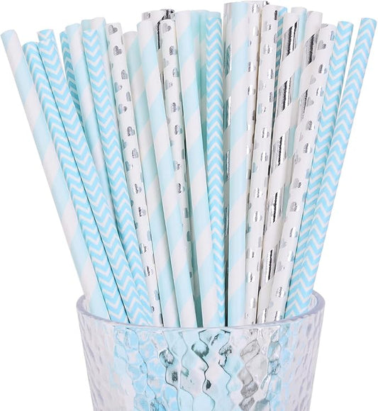 YAOSHENG Blue and Silver Paper Straws, Pack 100 for Party Supplies,Birthday,Wedding,Bridal/Baby Shower,Juice, shakes,Smoothies