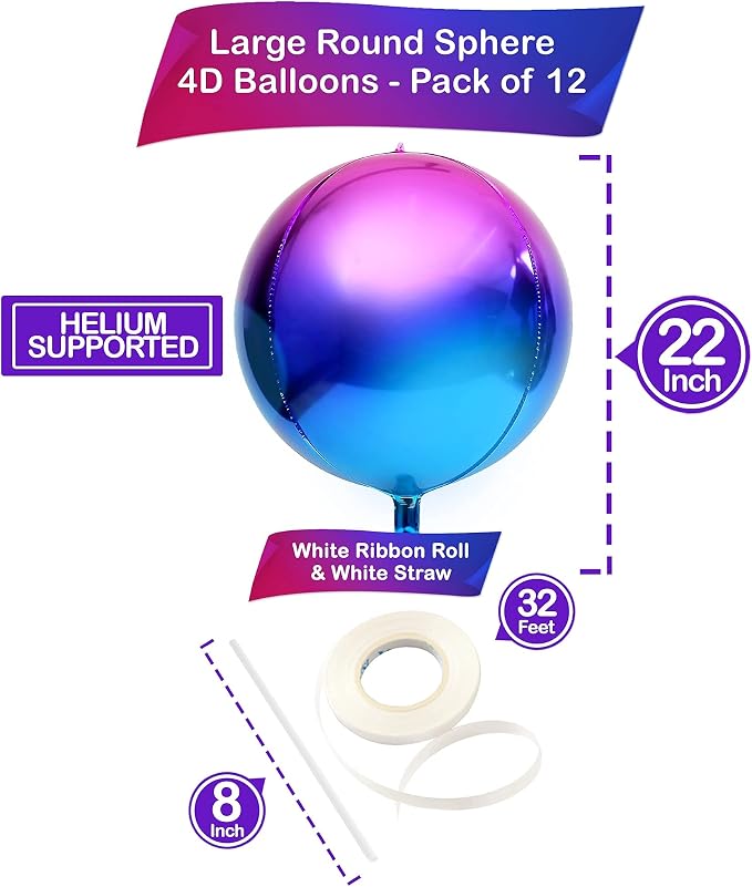 KatchOn, Purple Galaxy Balloons - 22 Inch, Pack of 12 | Round 4D Metallic Iridescent Balloons for Galaxy Birthday Party Decorations | Purple and Blue Balloons for Mermaid Party Decorations