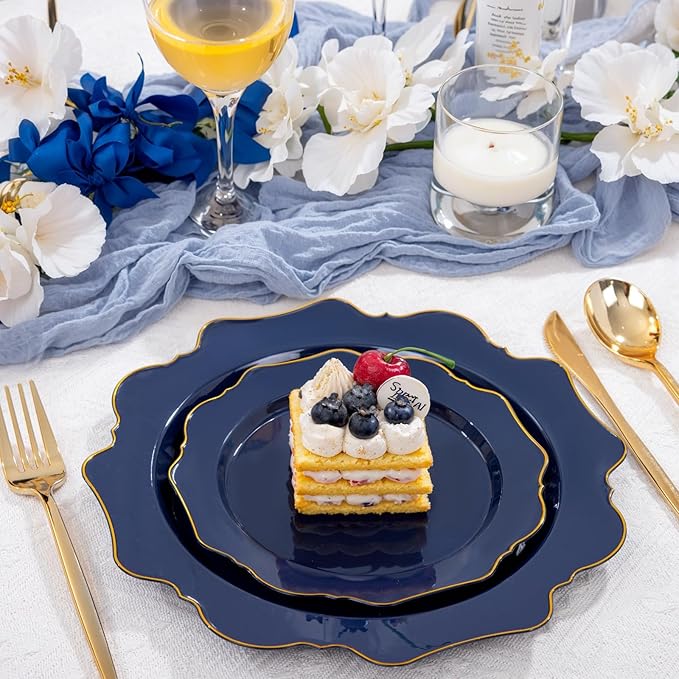 WDF 200pcs Blue Plastic Plates - Navy Blue Plates Disposable - Heavy Duty Plastic Plate for Weddings/Parties/Birthday/Graduation