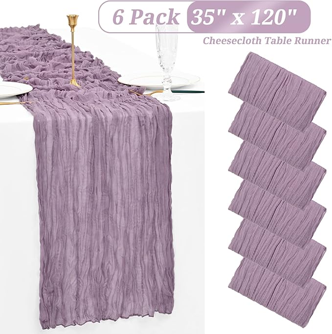 Showgeous 6 Pack Purple Cheesecloth Table Runner, 10FT Long Semi-Sheer Boho or Rustic Gauze Table Runner Wedding Table Decor for Wedding Decor Arch Draping Bridal Shower Holiday Party