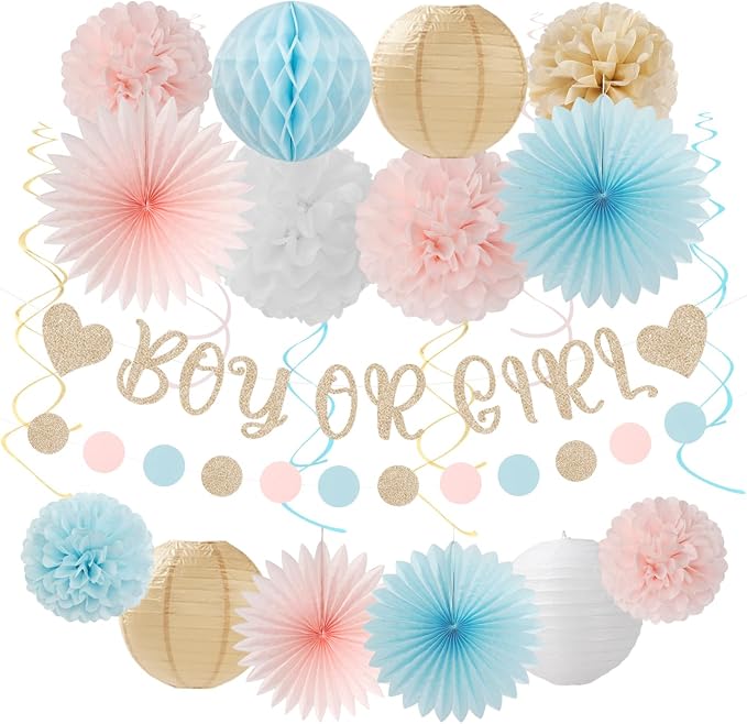 Light-Pink Blue Champagne Gender-Reveal Party-Decorations - 22pcs Boy Or Girl Banner,Neutral Paper Lanterns Streamers,Tissue Pom Poms Flowers Fans Bear Theme Decor Supplies Hugmoon