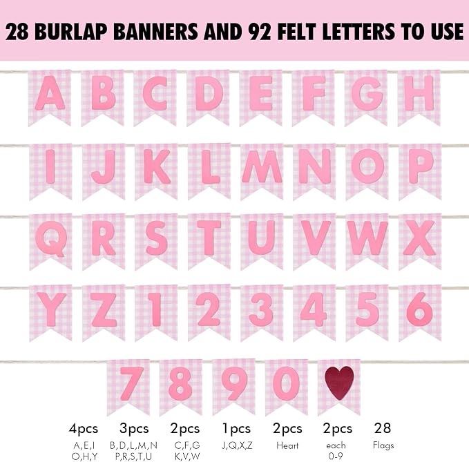 Custom Banner Kit, 28 Pink Printed Burlap Banner with 92 Felt Letters, Make Your Own Diy Customizable Kit for Birthday Wedding Party Decorations