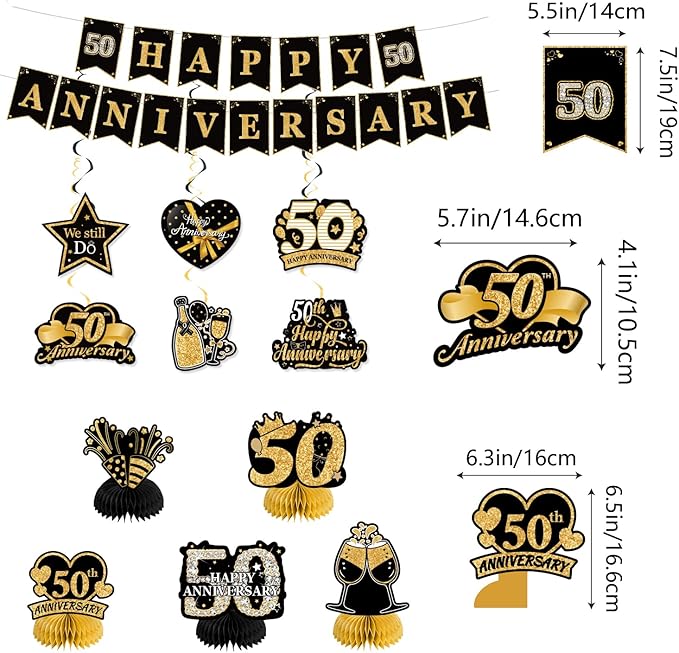 Happy 50th Wedding Anniversary Decorations Kit, Black Gold Happy 50th Anniversary Party Supplies Door Banner Decorations, Backdrop, Table Centerpieces, Hanging Swirl, Paper Pompoms