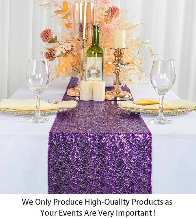 ShinyBeauty Purple Sequin Table Runners 12x108 Inches (Pack of 10) - Glittering Wedding, Graduation, Birthday, Baby Shower Party Decor, Elegant Holiday Table Cover Supplies