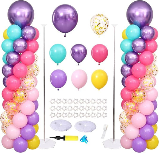 Pink Purple Blue Balloon Column Stand Kit Set of 2 for Floor with Rainbow Pastel Balloon Towers for Girl Women Baby Shower Mermaid Princess Birthday Party Decorations
