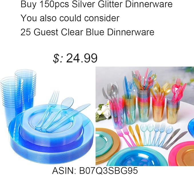 WDF 150pcs Silver Plastic Plates Disposable - Winter Wonderland Party Decorations include 50 Dinner And Salad Plates,25 Forks, 25 Knives, 25 Spoons& 10oz Plastic Cups