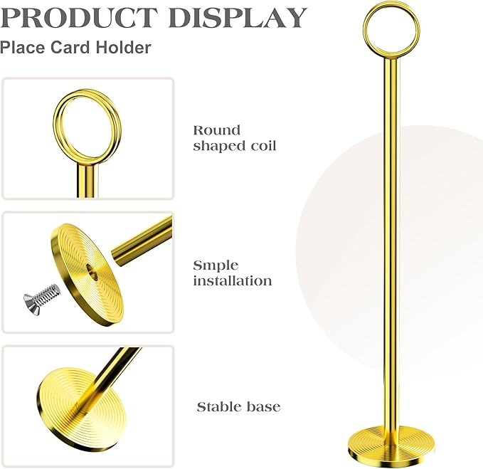 Urban Deco 12PK Table Number Holders Place Card Holders 12 Inch Table Card Holders Steel Card Holders for Photos, Food Signs, Memo Notes, Weddings, Restaurants, Birthdays（Gold）