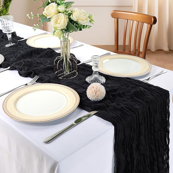 6 Pack 10FT Black Cheesecloth Table Runner 120 Inch Long Gauze Rustic Boho Spring Cheese Cloth Table Runner Sheer Fabric Decorations for Holiday Party Wedding Banquet Bridal Baby Shower Décor