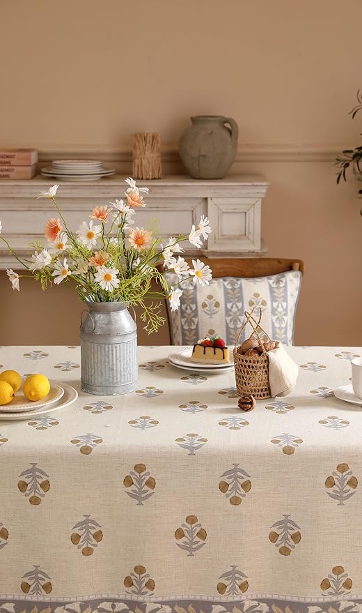 patdrea Vintage French Linen Tablecloth,Rectangular,71"x55"-Istana A | Heavyweight Elegant Table Cloth for Rectangle Table,Natural Floral Block Print,for Dining Room Tea Party Thanksgiving