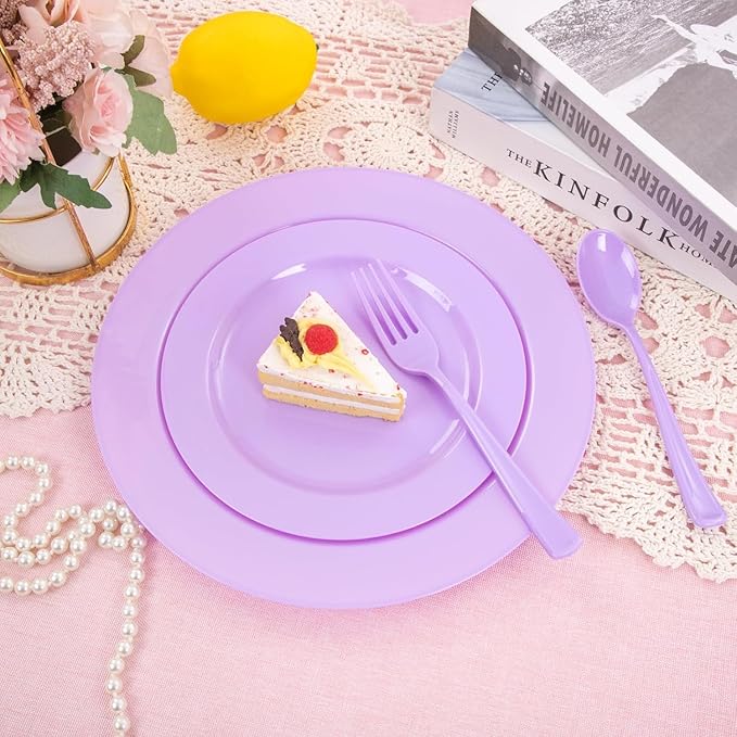 KIRE 150 PCS Purple Plastic Plates - Purple Dinnerware Set Disposable 25 Dinner & 25 Salad Plates 25Forks 25Knives 25Spoons 25Clear Cups for Birthday/Baby Shower/Easter/Spring