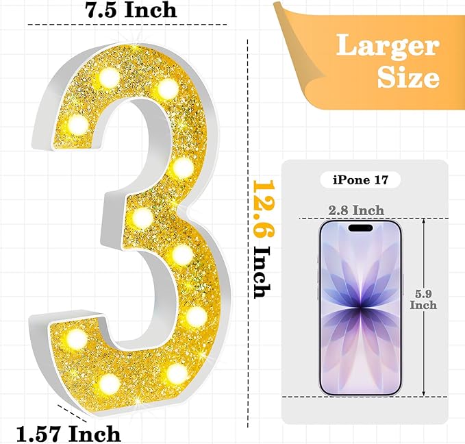 12.6 Inch LED Gold Marquee Light Up Numbers, 3rd Birthday Decorations Number Lights as Gifts for Girls Boys, Glitter Lighted Marquee Numbers for Golden Anniversary Party Table Decor, 3