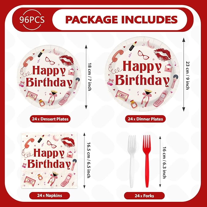 96Pcs Music Singer Happy Birthday Decorations Red lip Pink Bow Y2k Plates and Napkins Disposable Red Music Lovers Paper Tableware for Girls Women Singer Fans Birthday Bday Party Supplies Serves 24