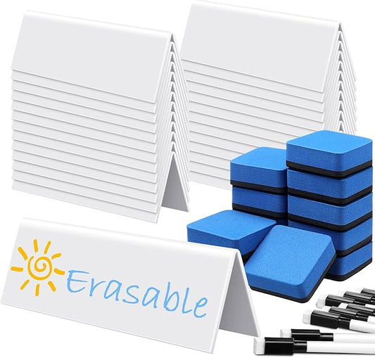 Seajan 24 Sets Reusable Name Tent Cards with Black Dry Erase Markers and Eraser Dry Erase Name Tents for Meetings White Name Plate for Weddings Classroom Office, 8.66 x 1.97 x 2.76 Inch