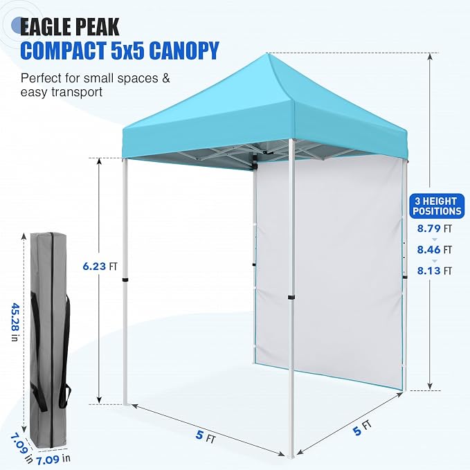 EAGLE PEAK Pop up Canopy 5x5, Outdoor Portable Canopy Tent with One Removable Sunwall, Carry Bag Included, Light Blue