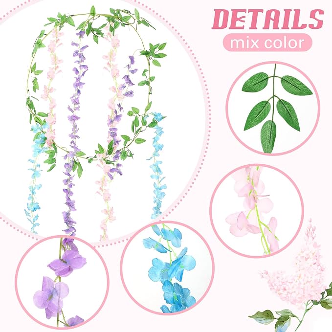Thiccywoov 4pcs Wisteria Artificial Flowers Garland, 7.2Ft/Piece Wisteria Hanging Flowers Garland for Wedding Arch Decoration Outdoor Ceremony Home Backdrop Garden (Pink,Purple,Blue)