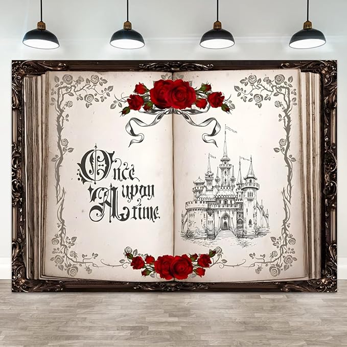 12x6ft Once Upon a Time Backdrop Princess Castle Wedding Party Photography Background Fairytale Book Romantic Story Red Roses Bridal Shower Decorations Birthday Portrait Photo Booth Prop