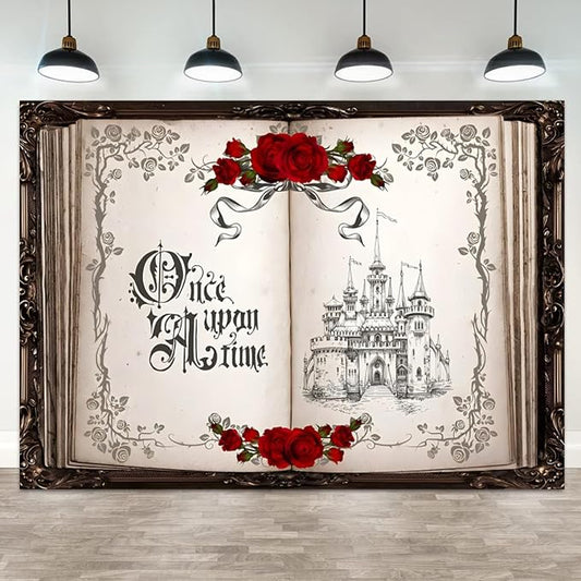 12x6ft Once Upon a Time Backdrop Princess Castle Wedding Party Photography Background Fairytale Book Romantic Story Red Roses Bridal Shower Decorations Birthday Portrait Photo Booth Prop