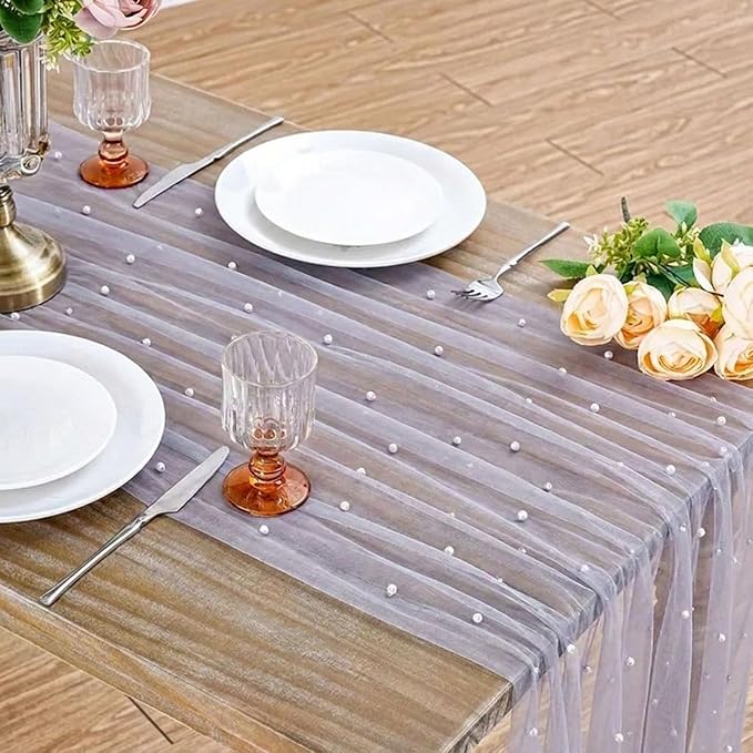 Pearl Gauze Table Runner Tulle Fabric: 10ft Seasonal Dessert Chiffon Pearl Lace Boho Overlay Wedding Veil Outdoor Wedding Aisle Runner Party Decorations Doilies, Gray
