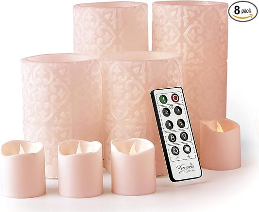 FURORA LIGHTING Pink Rome Flameless Candles - Real Wax, Adjustable Brightness, Remote & Timer - 4 Pillars (3x4, 3x6) and 4 Votives, 8-Pack, Battery Operated