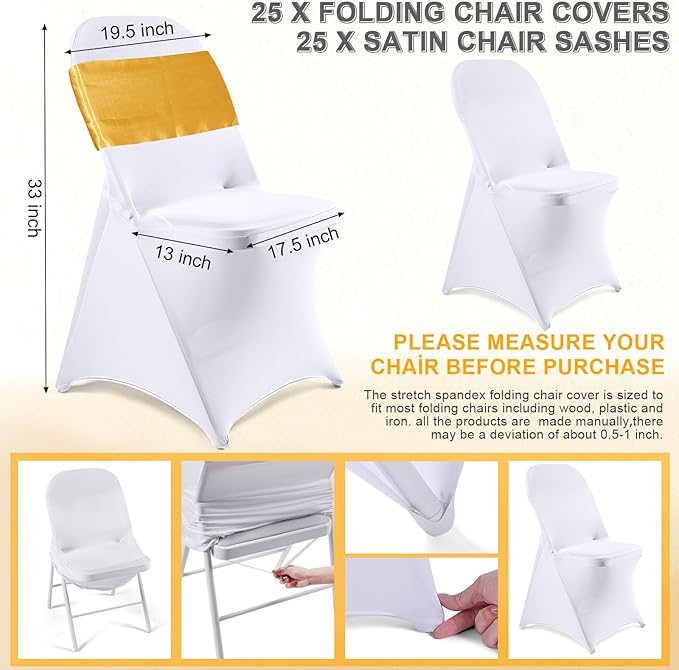 Lounsweer 50 Pcs Folding Chair Cover Set with 25 Stretch Spandex Slipcovers 25 Satin Chair Sashes Bows Ribbon Washable Banquet Protector for Wedding Event Party(White, Gold)