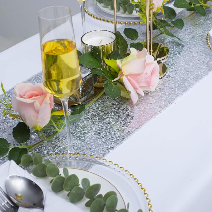 2 Pack Silver Sequin Table Runner 12x72 Inch, High Density Sparkly Glitter Table Runners for Wedding Reception, Birthday Party, Banquet, Baby Shower, Silver Metallic Shimmering Decor