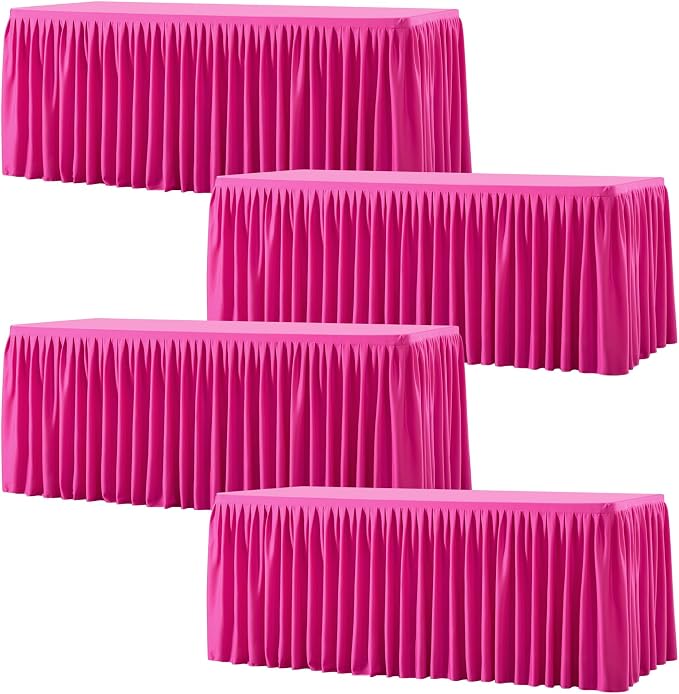 Wish Care 4 Pack Hot Pink Rectangle Table Clothes for 8 Foot Tables, Polyester Fitted Tablecloths 8ft Stretch Table Cover for Wedding, Birthday, Parties, Trade Show, Craft Show