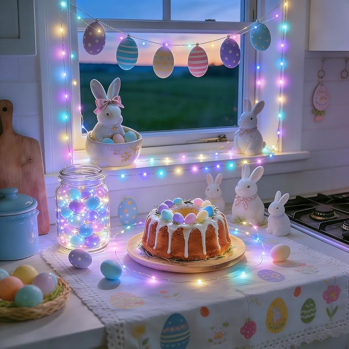 JMEXSUSS 2 Pack Pastel Fairy Lights Battery Operated with Remote, Total 200 LED 66ft Easter Lights Outdoor Waterproof, 8 Modes Battery Powered Twinkle String Lights for Bedroom Indoor Easter Decor