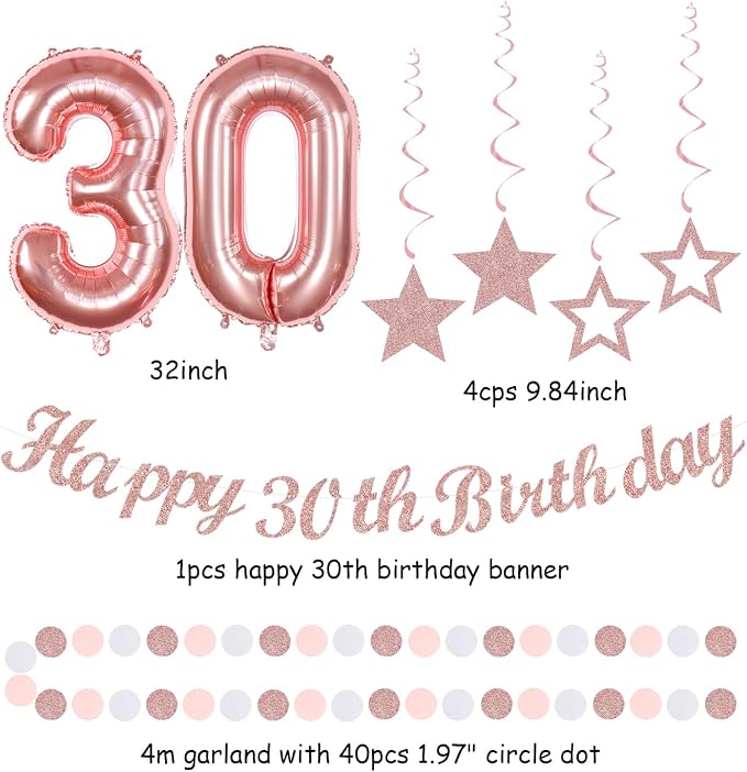 Rose-Gold Pink White Women 30th Happy Birthday Party Decorations Hugmoon | 21pcs Kit 30th Balloon,Cute Girl Banner,Streamers,Tissue Paper Pom Poms Flowers Fans,Birthday Garlands Decor Backdrop