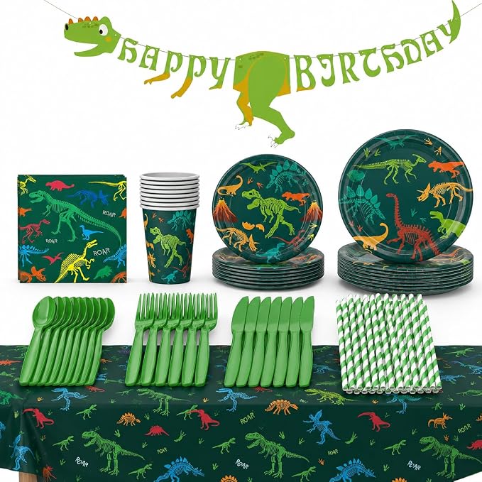 194 PCS Dinosaur Birthday Party Supplies, Dino Tableware Set for 24 Guests with Plates, Cups, Napkins, Straws, Forks, Spoons, Knives, Tablecloth & Banner, Decorations for Boys Kids Baby Shower
