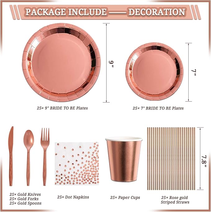 LFSTGN 274 Pcs Rose Gold Bridal Shower Decorations, Bachelorette Party Decorations Favors - "BRIDE TO BE" Banner, Veil, Balloon, Photo Props, Tableware with Rose Gold for 25 Guests