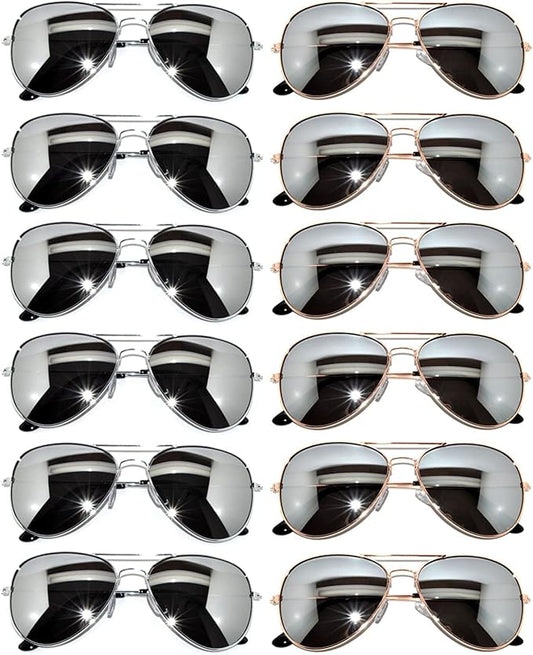 OWL 12 Pack Bulk Aviator Sunglasses Metal Gold, Silver, Black Frame for Men Women Party Glasses