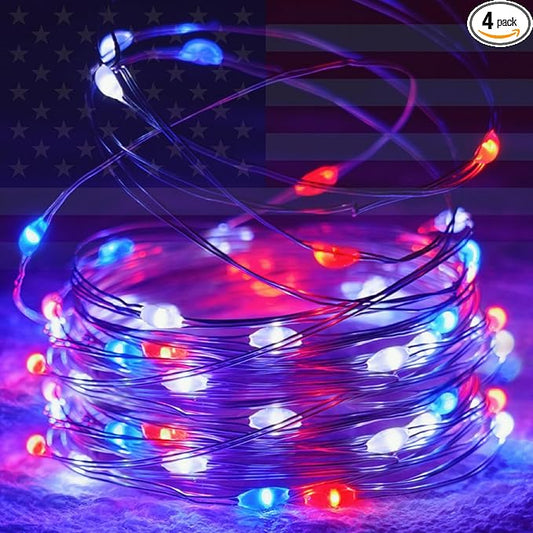 4 Pack 20FT 60LED Red White and Blue Battery Operated Fairy Lights with Timer, 4th of July Battery String Lights Waterproof Outdoor Indoor, Battery Twinkle Lights Independence Day Memorial Day Decor