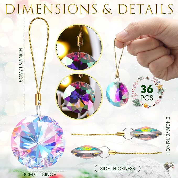 XunYee 36 Pcs Crystal Glass Christmas Balls Ornaments, 1.18" Mini Round Hanging Crystal Prism Xmas Tree Decorations Pendants for Holiday Wedding Birthday Party Home Decorations(AB Color)