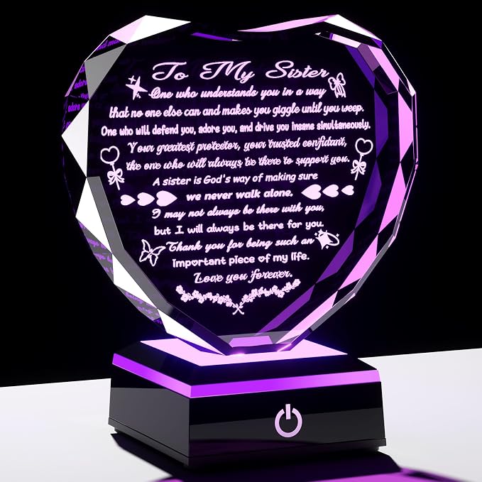 Arikyrist Birthday Gifts for Sister Crystal Heart Keepsake with LED Light Base Sister Gifts from Sisters Brother on Christmas Graduation Wedding