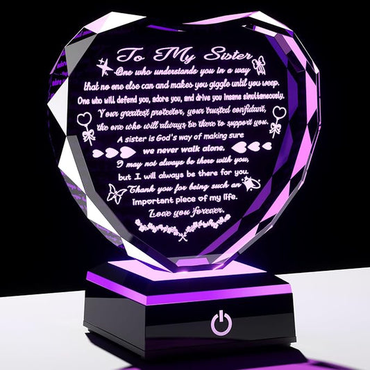 Arikyrist Birthday Gifts for Sister Crystal Heart Keepsake with LED Light Base Sister Gifts from Sisters Brother on Christmas Graduation Wedding