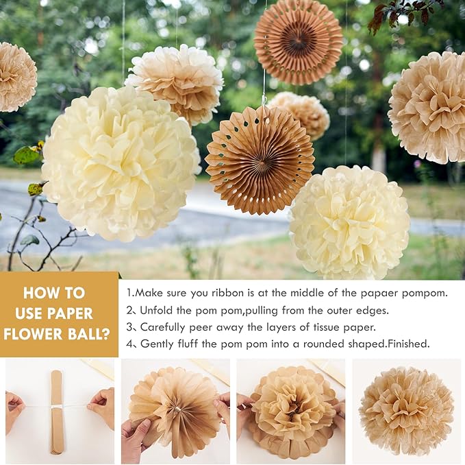 PAPER JAZZ 15 Pcs Wedding Decoration Vintage Beige Pompoms Decoration Brown Paper Fans Boho Party Decoration for Wedding Decoration Birthday Table Decoration Baby Shower