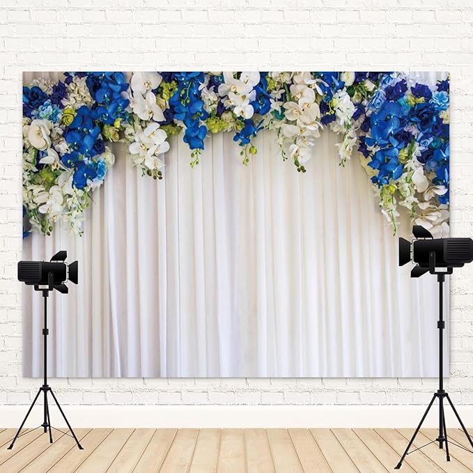 20x10ft White Wedding Backdrop White Blue Floral Flowers Photography Background Bride Groom Ceremony Party Bridal Shower Banner Decorations Engagement Proposal Portrait Photo Booth Prop