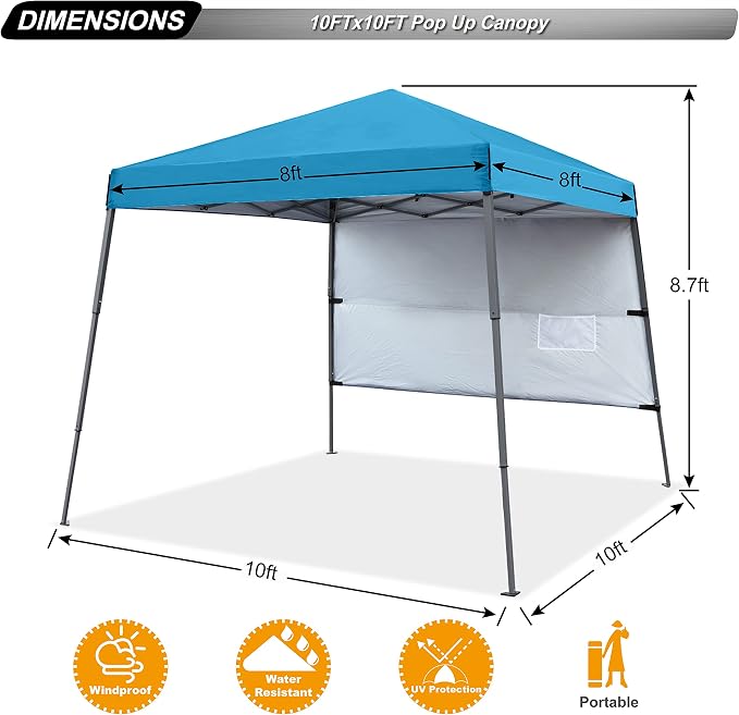 ABCCANOPY Slant Leg Pop Up Canopy Tent,Outdoor Portable Canopy Tent with Backpack Bag for Beach, 10 x 10 ft Base / 8 x 8 ft Top, Sky Blue