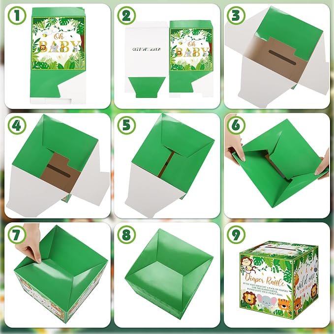 Teling 51 Pieces Diaper Raffle Tickets with Card Box Baby Shower Decorations Baby Shower Holder Box for Girl Boy Diaper Raffle Party(Jungle Animal)
