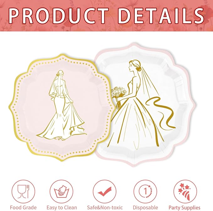 200Pcs Bridal Shower Party Decorations Bride To Be Plates and Napkins White Pink Gold Scalloped Disposable Tableware Set for Wedding Engagement Bachelorette Party Supplies Serves 50
