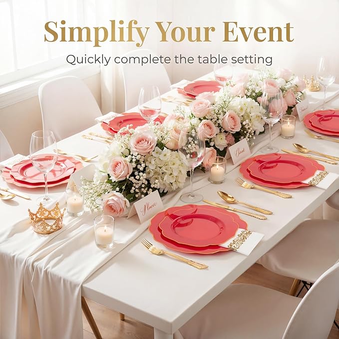 NOCCUR 175PCS Red Plastic Plates with Gold Disposable Silverware - Include 50 Red Gold Plastic Plates,25 Knives,25 Forks,25 Spoons,25 Cups and 25 Napkins - Ideal for Party/Mother's Day