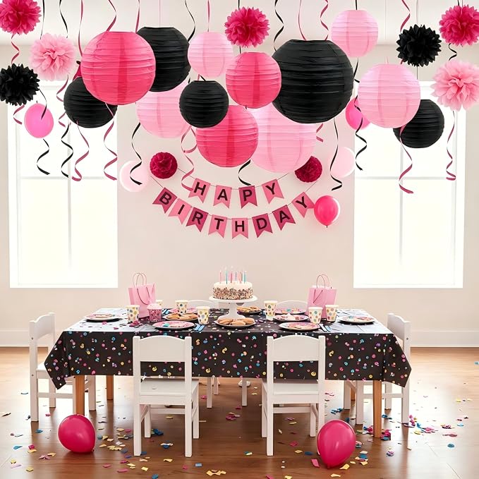CC wonderland zone 12pcs Hot Pink and Black Paper Lanterns,Hanging Paper Lanterns for Girls Birthday Party Decorations