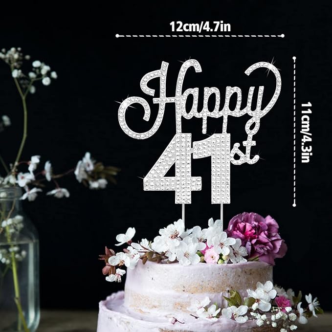 LINGTEER Happy 41st Birthday Silver Rhinestone Cake Topper - Cheers to 41st Birthday 41 Years Old Anniversary Party Cake Centerpieces Topper Decorations Gift Sign.
