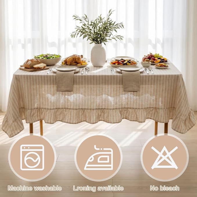Boao Cotton 52 x 70 Inch Farmhouse Ruffle Tablecloth Beige White Striped Flounces Trim Table Cover for Rectangle Table Kitchen Party Wedding Decor