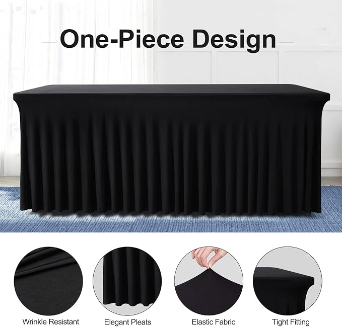 BDDC One-Piece Spandex Table Cover Skirt for 8FT Rectangle Tables | GRS-Certified Eco-Friendly Fabric, Elastic Fitted Ruffle Tablecloth, Washable, For Banquets, Weddings & Parties