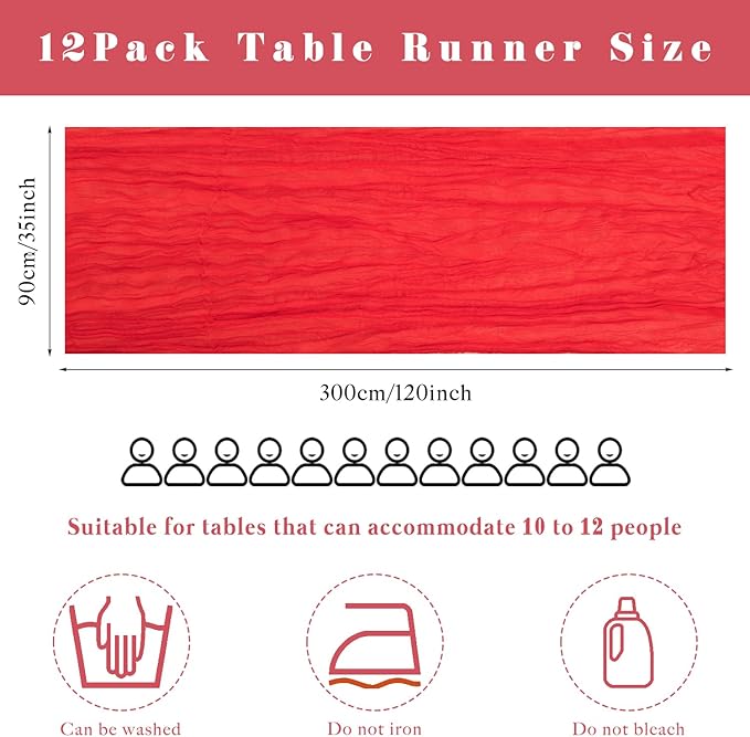 Red 12 Pieces 35 x 120 Inches Long Cheesecloth Table Runner Gauze Fabric 10Ft Boho Table Runner Rustic Sheer Runner for Wedding Baby Bridal Shower Birthday Holiday Party Table Arbor Decor (Red)
